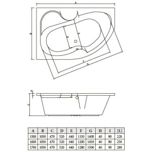 Ванна акриловая Bonito Home Arizona BH-AR-102-160P/Su 160x105 R (с ножками) схема