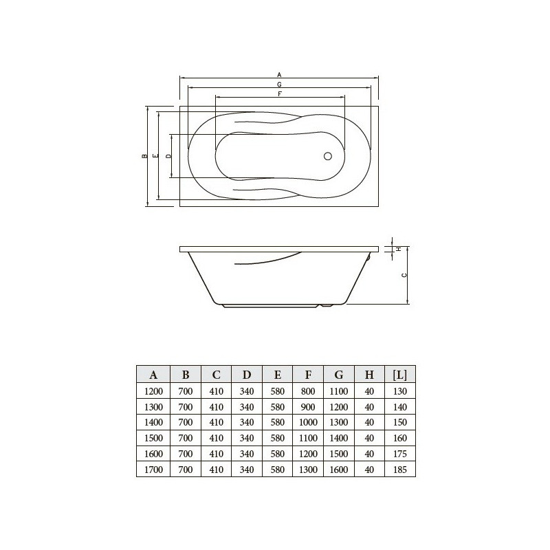 Ванна акриловая Bonito Home Bali BH-BA-201-170/St 170x70 (с ножками) схема