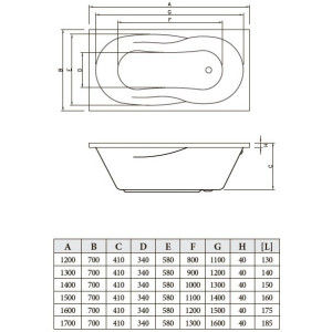 Ванна акриловая Bonito Home Bali BH-BA-201-170/St 170x70 (с ножками) схема