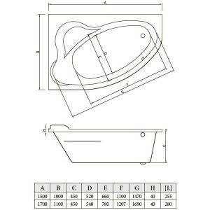 Ванна акриловая Bonito Home Rosa BH-RA-101-170L/St 170x110 L (с ножками) схема