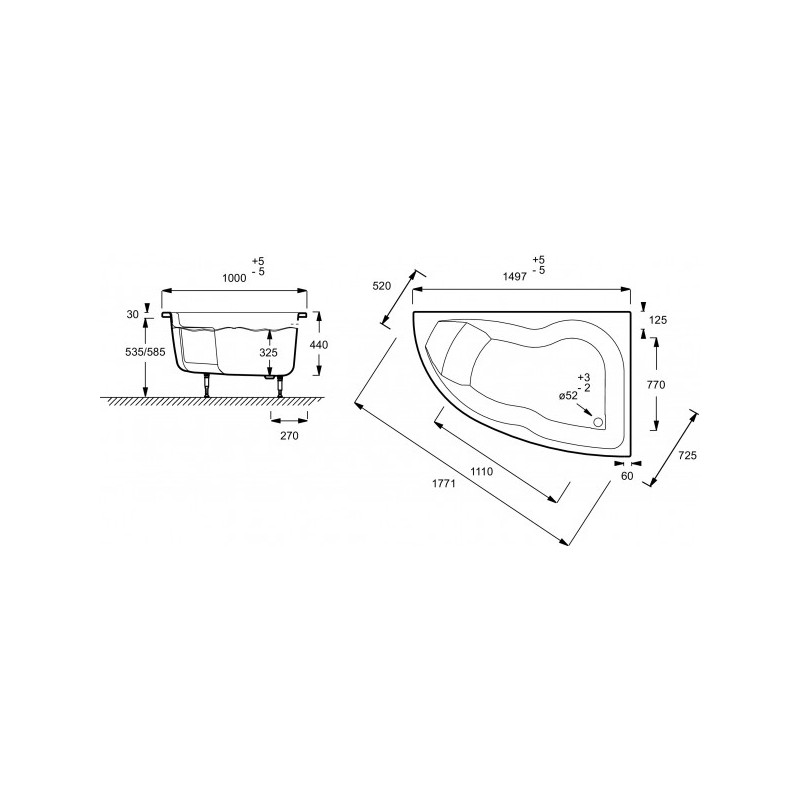 Ванна акриловая Jacob Delafon Micromega Duo 150x100 R схема