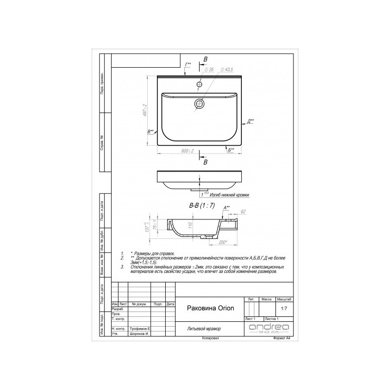 Чертёж умывальника Andrea Оrion