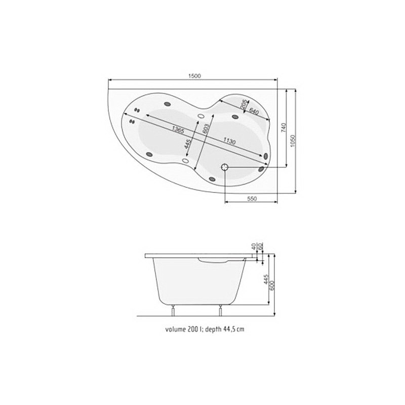 Ванна акриловая Poolspa Mistral 150x105 R (с ножками) схема