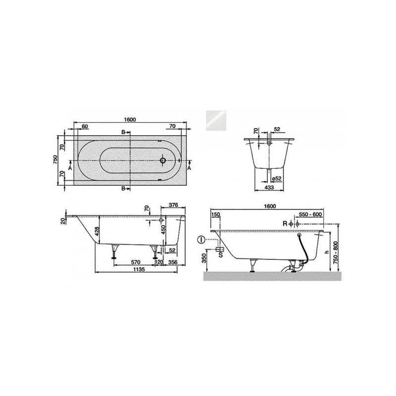 Ванна квариловая Villeroy & Boch Oberon 160x75 (с ножками) схема