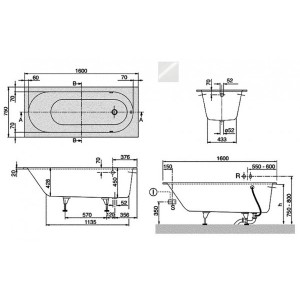 Ванна квариловая Villeroy & Boch Oberon 160x75 (с ножками) схема