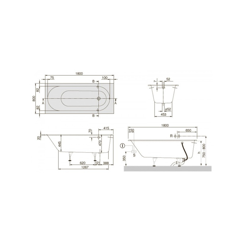 Ванна квариловая Villeroy & Boch Oberon 180x80 (с ножками) схема