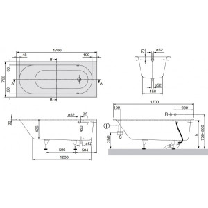 Ванна квариловая Villeroy & Boch Oberon 170x70 (с ножками) схема