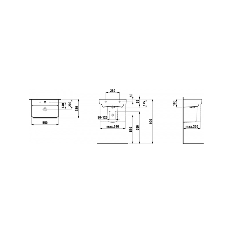 Чертёж умывальника Laufen Pro S 8189580001041