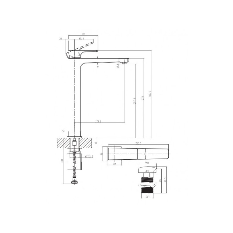 Смеситель Villeroy & Boch Architectura Square TVW12500200061 - схема с размерами
