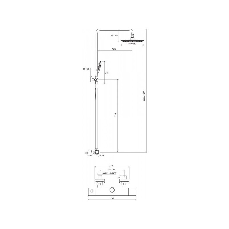 Чертёж душевой системы Ravak 10° TD 091.00/150