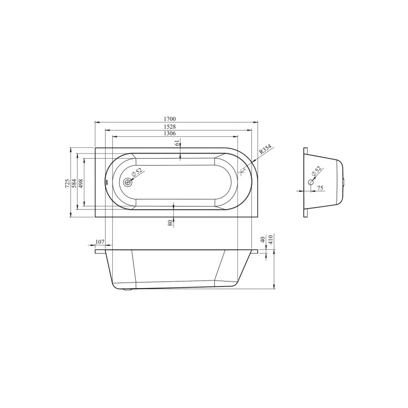 Ванна акриловая Lavinia Boho Art II 170x72,5 R (c подголовником) схема