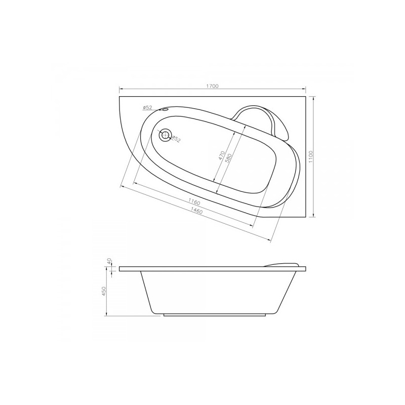 Ванна акриловая Lavinia Boho Bell Pro 170x110 L (c подголовником) схема