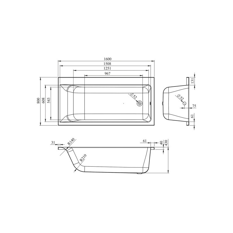 Ванна акриловая Lavinia Boho Catani 160x80 R (с подголовником) схема