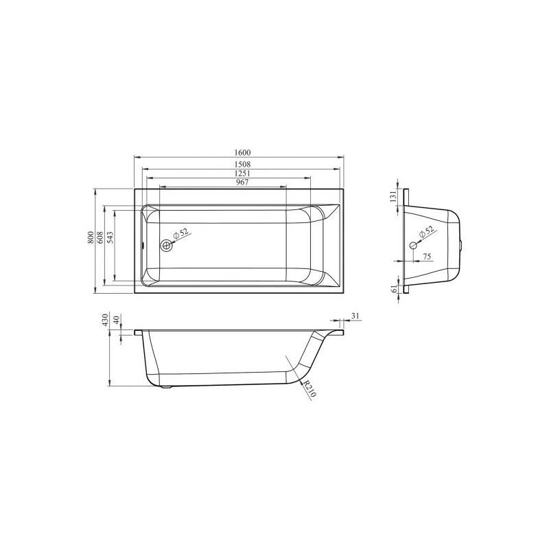 Ванна акриловая Lavinia Boho Catani 160x80 L (с подголовником) схема