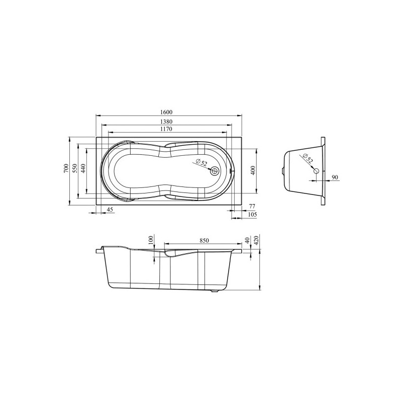 Ванна акриловая Lavinia Boho Easter Pro 160x70 (с подголовником) схема