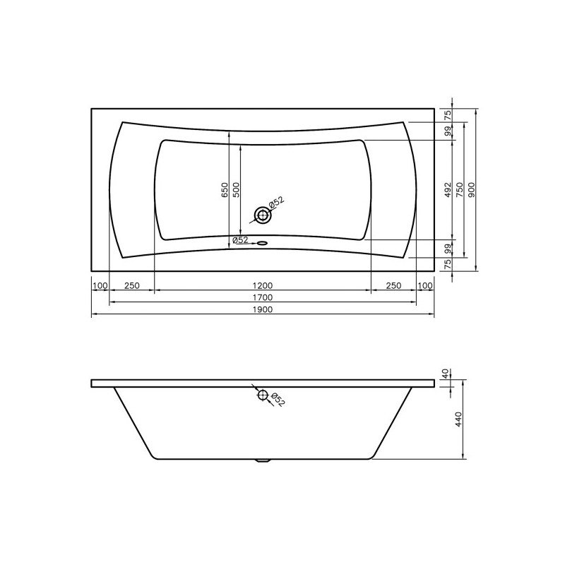 Ванна акриловая Lavinia Boho Evan 190x90 (с подголовниками) схема