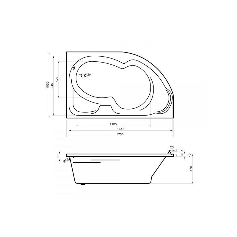 Ванна акриловая Lavinia Boho Grance Hill 170x105 L схема