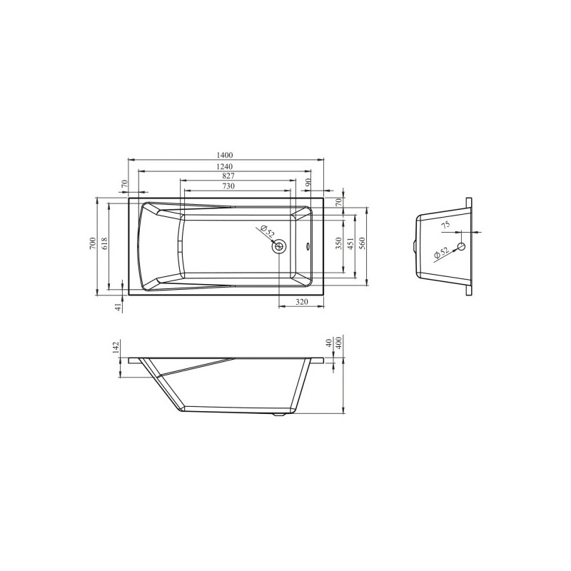 Ванна акриловая Lavinia Boho One 140x70 схема