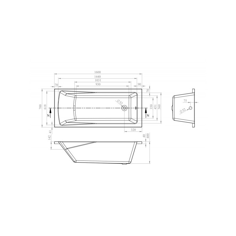 Ванна акриловая Lavinia Boho One 160x70 (с подголовником) схема