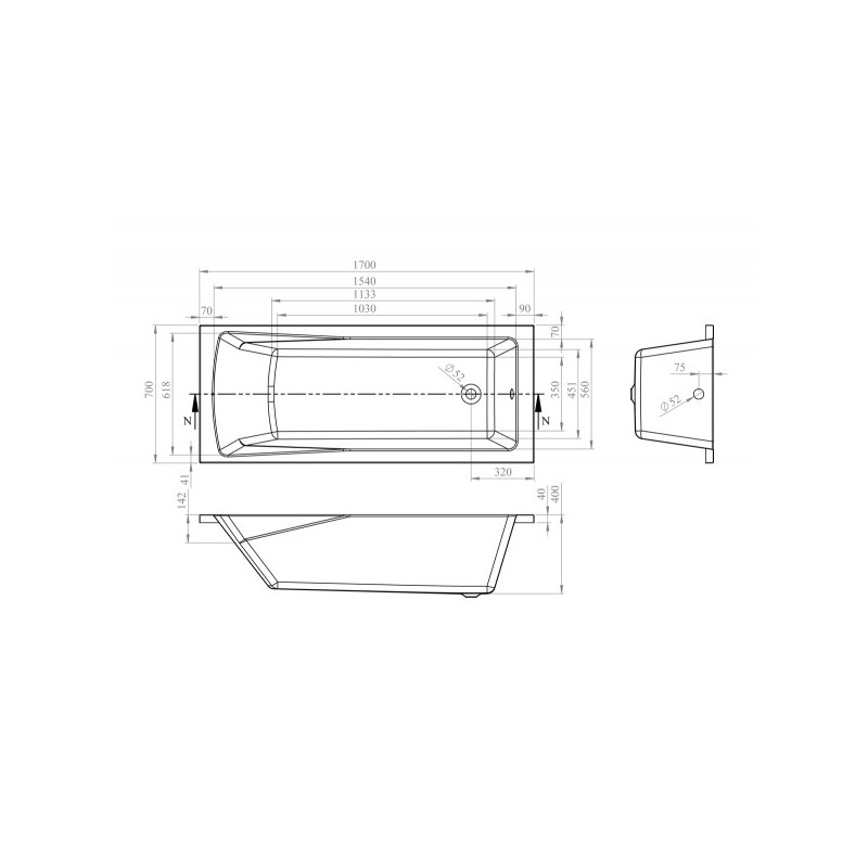 Ванна акриловая Lavinia Boho One 170x70 (с подголовником) схема