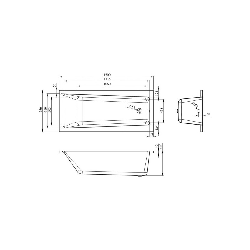 Ванна акриловая Lavinia Boho Rock 150x75 (с подголовником) схема
