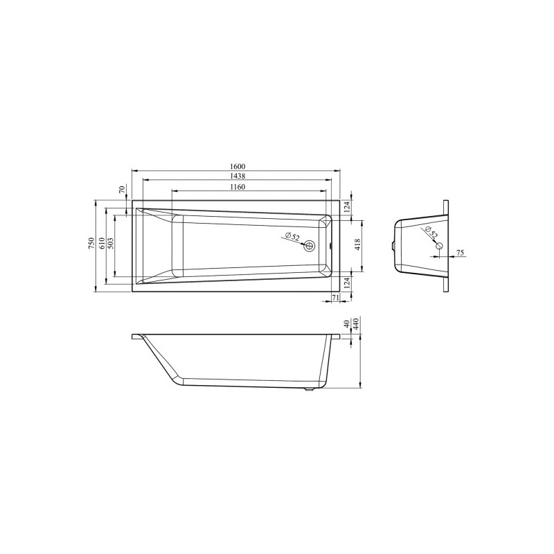 Ванна акриловая Lavinia Boho Rock 170x75 (с подголовником) схема