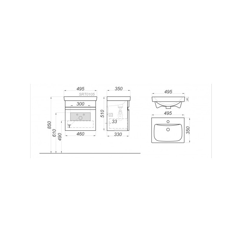 Тумба с умывальником Aqwella Smart 50 SRT0105DB схема