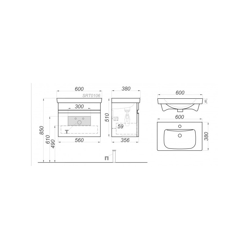 Тумба с умывальником Aqwella Smart 60 SRT0106BS схема