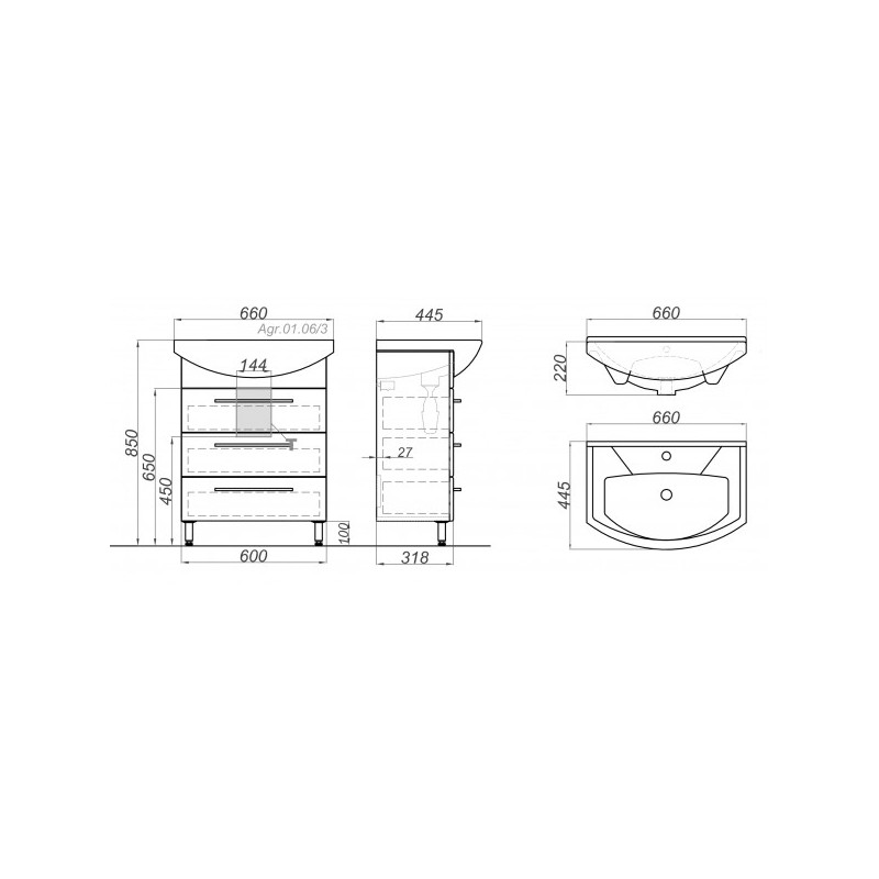 Тумба с умывальником Aqwella Аллегро 60 Agr.01.06/3 схема