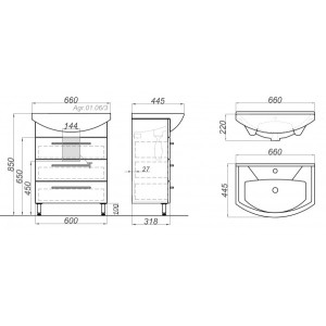 Тумба с умывальником Aqwella Аллегро 60 Agr.01.06/3 схема