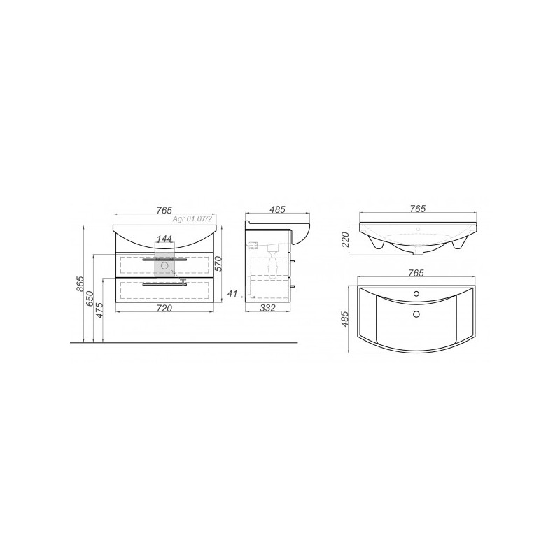 Тумба с умывальником Aqwella Аллегро 70 Agr.01.07/2 схема