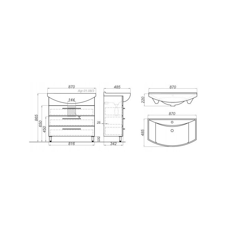 Тумба с умывальником Aqwella Аллегро 85 Agr.01.08/3 схема