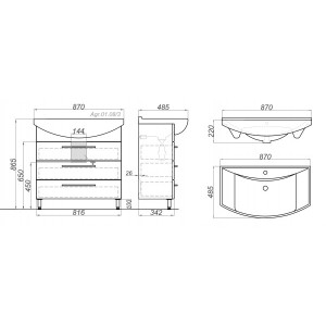 Тумба с умывальником Aqwella Аллегро 85 Agr.01.08/3 схема