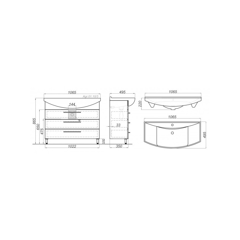 Тумба с умывальником Aqwella Аллегро100 Agr.01.10/3 схема