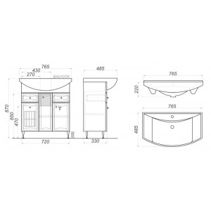 Тумба с умывальником Aqwella Барселона 75 BA0107K схема