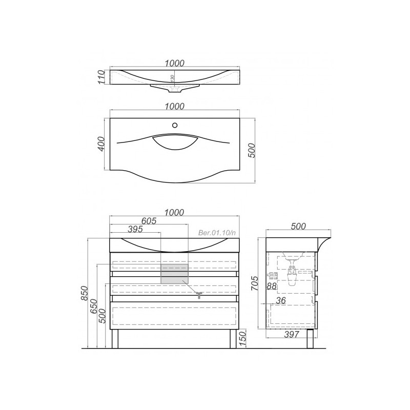 Тумба с умывальником Aqwella Бергамо 100 Ber.01.10/n/W схема