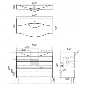 Тумба с умывальником Aqwella Бергамо 100 Ber.01.10/n/A схема