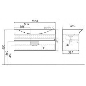 Тумба с умывальником Aqwella Бергамо 100 Ber.01.10/A схема