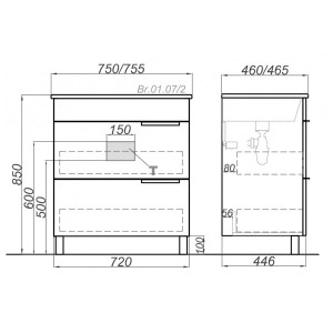 Тумба с умывальником Aqwella Бриг 70 Br.01.07/2/W схема