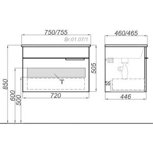 Тумба с умывальником Aqwella Бриг 70 Br.01.07/1/W схема
