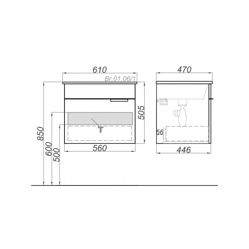 Тумба с умывальником Aqwella Бриг 60 Br.01.06/1/W схема