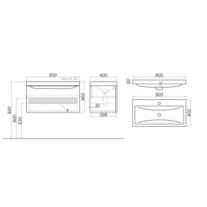 Тумба с умывальником Aqwella Верона 80 Ver.01.08/W схема