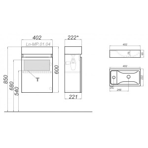 Тумба с умывальником Aqwella Леон-МР 40 Ln-MP.01.04/W схема