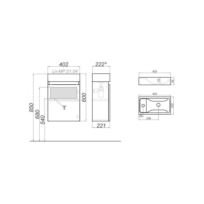 Тумба с умывальником Aqwella Леон-МР 40 Ln-MP.01.04/DS схема