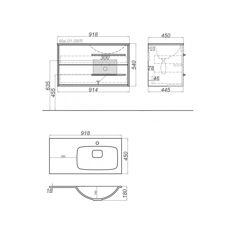 Тумба с умывальником Aqwella Майами 90 Mai.01.09/R схема