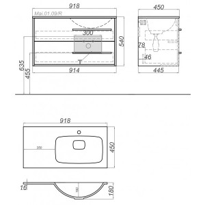 Тумба с умывальником Aqwella Майами 90 Mai.01.09/R схема