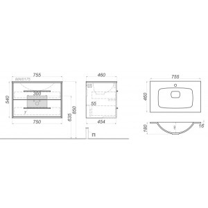 Тумба с умывальником Aqwella Майами 100 MAI0175 схема