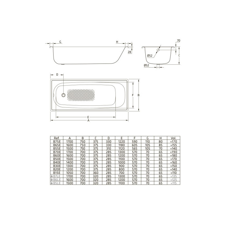 Ванна стальная BLB Europa 170x75 схема
