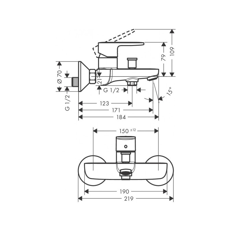 Размеры смесителя Hansgrohe Vernis Blend 71440670 матовый черный