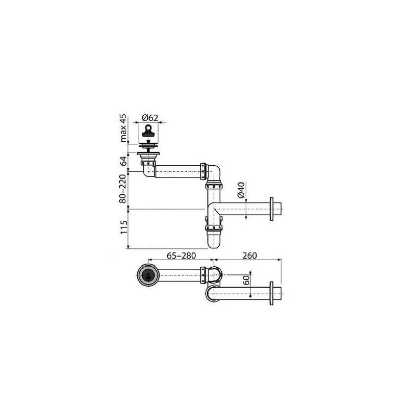 Размеры сифона Alcaplast A413